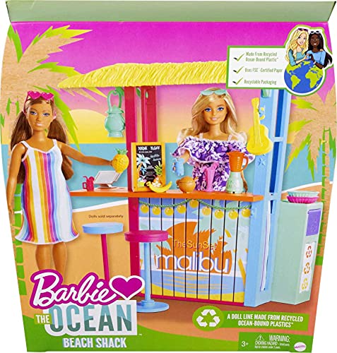 Barbie Loves The Ocean Beach Shack Playset with 18+ Accessories, Made from Recycled Plastics, Gift for 3 to 7 Year Olds