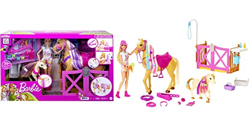 Barbie Groom 'N Care Horse Playset with Blond Doll, 2 Nodding Horses & 20+ Accessories, Style Color-Change Manes with Tool & Clips