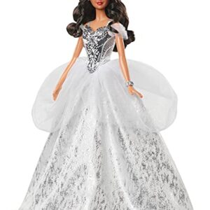 Barbie Signature 2021 Holiday Doll (12-inch, Brunette Hair) in Silver Gown, with Doll Stand and Certificate of Authenticity, Gift for 6 Year Olds and Up