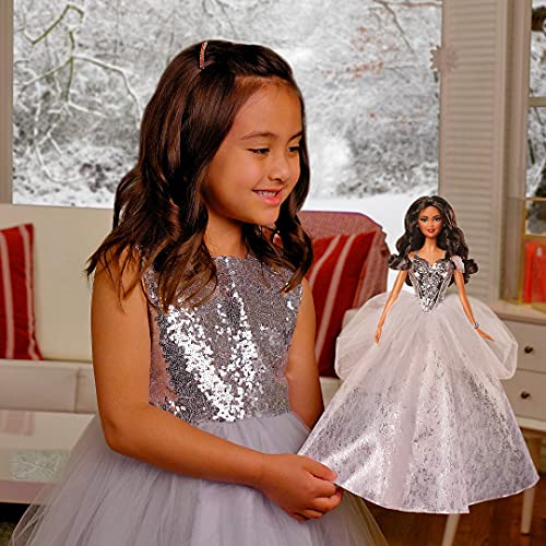 Barbie Signature 2021 Holiday Doll (12-inch, Brunette Hair) in Silver Gown, with Doll Stand and Certificate of Authenticity, Gift for 6 Year Olds and Up