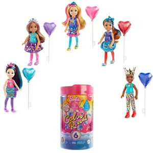 barbie chelsea color reveal doll with 6 surprises: 4 bags contain skirt or pants, shoes, tiara & balloon accessory; water reveals confetti-print doll's look & color change on hair; gift for 3y+