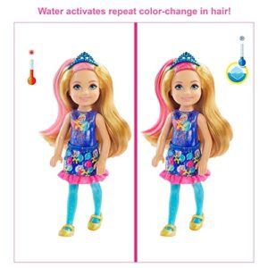 Barbie Chelsea Color Reveal Doll with 6 Surprises: 4 Bags Contain Skirt or Pants, Shoes, Tiara & Balloon Accessory; Water Reveals Confetti-Print Doll's Look & Color Change on Hair; Gift for 3Y+