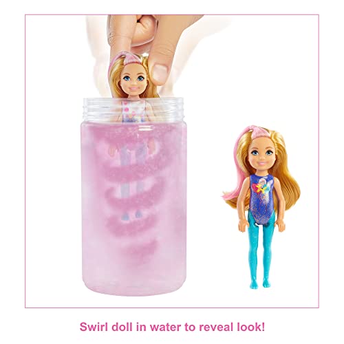 Barbie Chelsea Color Reveal Doll with 6 Surprises: 4 Bags Contain Skirt or Pants, Shoes, Tiara & Balloon Accessory; Water Reveals Confetti-Print Doll's Look & Color Change on Hair; Gift for 3Y+