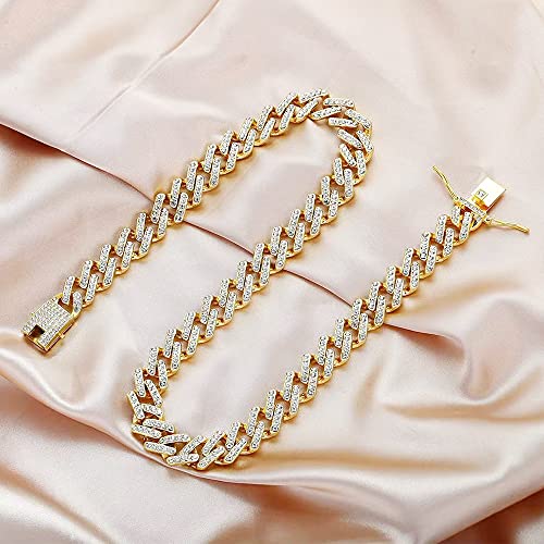 Emesly Solid Miami Cuban Link Chain Gold/Silver Necklace (16, 18, 20, 22, 24, 30 Inches Length); Hip Hop Bracelet (7.87" Length) for Men & Women; Perfect Iced Out Bling Jewelry Gift (Gold B 15mm, 16.00)