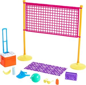 barbie loves the ocean beach-themed playset, with volleyball net & accessories, made from recycled plastics, gift for 3 to 7 year olds