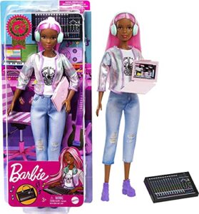 barbie career of the year music producer doll (12-in), colorful pink hair, trendy tee, jacket & jeans plus sound mixing board, computer & headphone accessories, great toy gift
