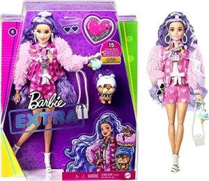 barbie extra doll & accessories with long periwinkle hair, teddy bear-print denim jacket, matching shorts & pet puppy