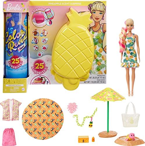 Barbie Color Reveal Foam! Doll & Pet Friend with 25 Surprises: Scented Bubble Solution, Outfits, Hair Extension, Kid Bracelet & Charm Hidden in Sand; Sunny Pineapple-Theme; for Kids 3 Years & Up