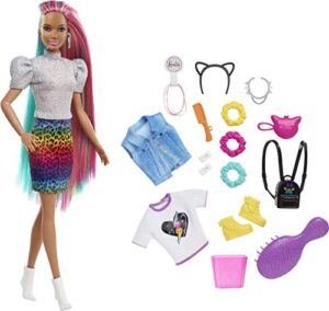 barbie doll leopard rainbow hair brunette with color-change highlights & 16 styling accessories including clothes, scrunchies, brush & more