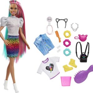 Barbie Doll Leopard Rainbow Hair Brunette With Color-Change Highlights & 16 Styling Accessories Including Clothes, Scrunchies, Brush & More