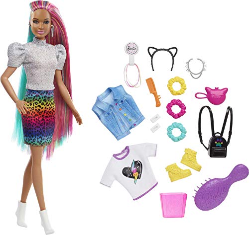 Barbie Doll Leopard Rainbow Hair Brunette With Color-Change Highlights & 16 Styling Accessories Including Clothes, Scrunchies, Brush & More