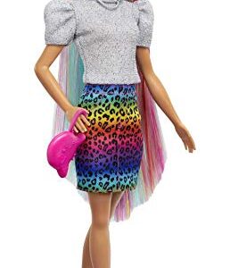 Barbie Doll Leopard Rainbow Hair Brunette With Color-Change Highlights & 16 Styling Accessories Including Clothes, Scrunchies, Brush & More