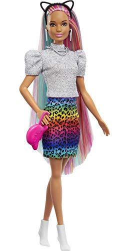 Barbie Doll Leopard Rainbow Hair Brunette With Color-Change Highlights & 16 Styling Accessories Including Clothes, Scrunchies, Brush & More