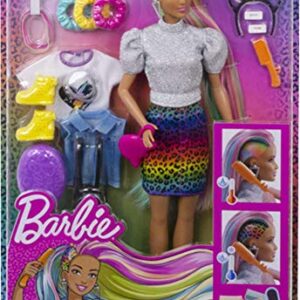 Barbie Doll Leopard Rainbow Hair Brunette With Color-Change Highlights & 16 Styling Accessories Including Clothes, Scrunchies, Brush & More