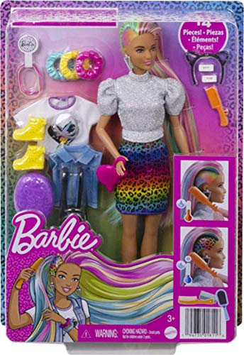 Barbie Doll Leopard Rainbow Hair Brunette With Color-Change Highlights & 16 Styling Accessories Including Clothes, Scrunchies, Brush & More