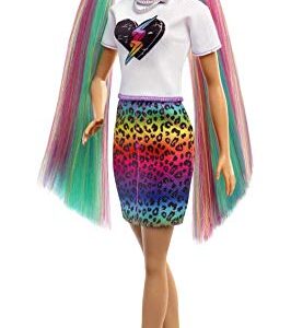 Barbie Doll Leopard Rainbow Hair Brunette With Color-Change Highlights & 16 Styling Accessories Including Clothes, Scrunchies, Brush & More