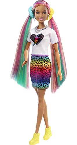 Barbie Doll Leopard Rainbow Hair Brunette With Color-Change Highlights & 16 Styling Accessories Including Clothes, Scrunchies, Brush & More