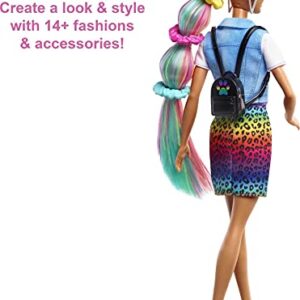 Barbie Doll Leopard Rainbow Hair Brunette With Color-Change Highlights & 16 Styling Accessories Including Clothes, Scrunchies, Brush & More