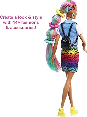 Barbie Doll Leopard Rainbow Hair Brunette With Color-Change Highlights & 16 Styling Accessories Including Clothes, Scrunchies, Brush & More