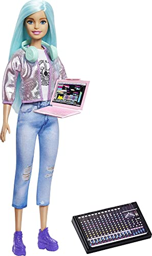 Barbie Career of the Year Music Producer Doll (12-in), Colorful Blue Hair, Trendy Tee, Jacket & Jeans Plus Sound Mixing Board, Computer & Headphone Accessories, Great Toy Gift