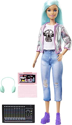 Barbie Career of the Year Music Producer Doll (12-in), Colorful Blue Hair, Trendy Tee, Jacket & Jeans Plus Sound Mixing Board, Computer & Headphone Accessories, Great Toy Gift