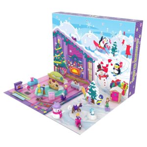 polly pocket advent calendar with winter family fun theme & 25 days of surprises (34 total play pieces) to discover: pocket family dolls, snow play vehicles, toy treats, wearable jewelry & more