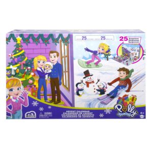 Polly Pocket Advent Calendar with Winter Family Fun Theme & 25 Days of Surprises (34 Total Play Pieces) to Discover: Pocket Family Dolls, Snow Play Vehicles, Toy Treats, Wearable Jewelry & More