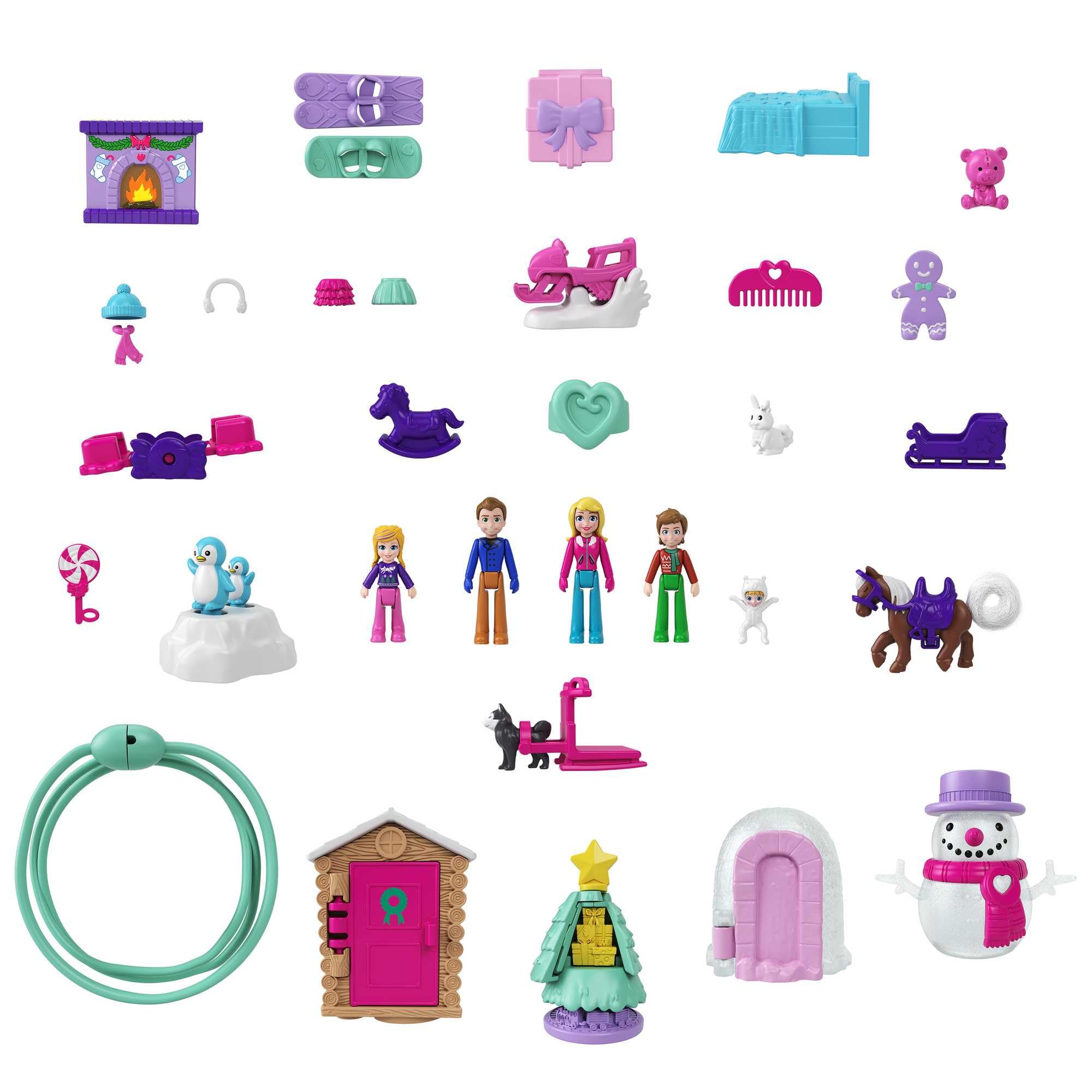 Polly Pocket Advent Calendar with Winter Family Fun Theme & 25 Days of Surprises (34 Total Play Pieces) to Discover: Pocket Family Dolls, Snow Play Vehicles, Toy Treats, Wearable Jewelry & More