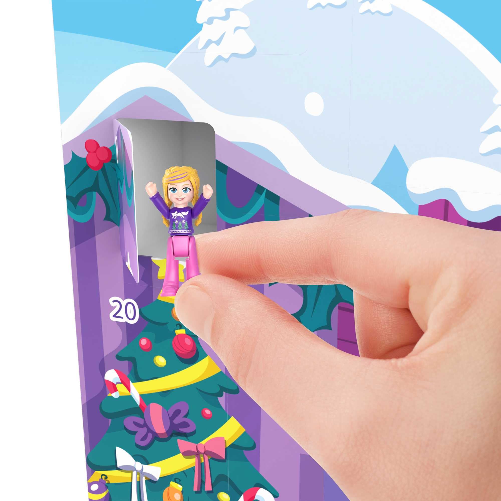 Polly Pocket Advent Calendar with Winter Family Fun Theme & 25 Days of Surprises (34 Total Play Pieces) to Discover: Pocket Family Dolls, Snow Play Vehicles, Toy Treats, Wearable Jewelry & More