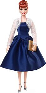 barbie tribute collection lucille ball doll, wearing blue dress & lace jacket, with doll stand & certificate of authenticity, gift for collectors, white