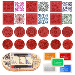 floral wooden rubber stamps, aulufft 25 pieces retro vintage floral pattern stamps circle and square decorative alphabet stamp with 2 inkpad pens and 5 inkpads for diy craft card diary scrapbooking