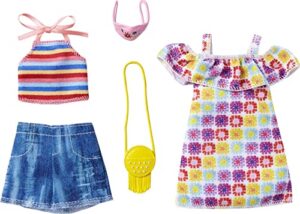 barbie fashions 2-pack clothing set, 2 outfits doll includes summery off-the-shoulder print dress, striped halter top & denim shorts & 2 accessories, gift for kids 3 to 8 years old