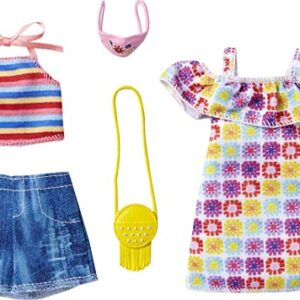 Barbie Fashions 2-Pack Clothing Set, 2 Outfits Doll Includes Summery Off-The-Shoulder Print Dress, Striped Halter Top & Denim Shorts & 2 Accessories, Gift for Kids 3 to 8 Years Old