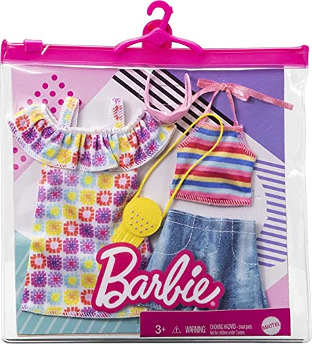Barbie Fashions 2-Pack Clothing Set, 2 Outfits Doll Includes Summery Off-The-Shoulder Print Dress, Striped Halter Top & Denim Shorts & 2 Accessories, Gift for Kids 3 to 8 Years Old