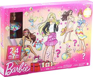 barbie advent calendar with barbie doll (12-in), 24 surprises including day-to-night trendy clothing & accessories, festive holiday themed packaging for kids 3 to 7 years old