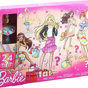 Barbie Advent Calendar with Barbie Doll (12-in), 24 Surprises Including Day-to-Night Trendy Clothing & Accessories, Festive Holiday Themed Packaging for Kids 3 to 7 Years Old