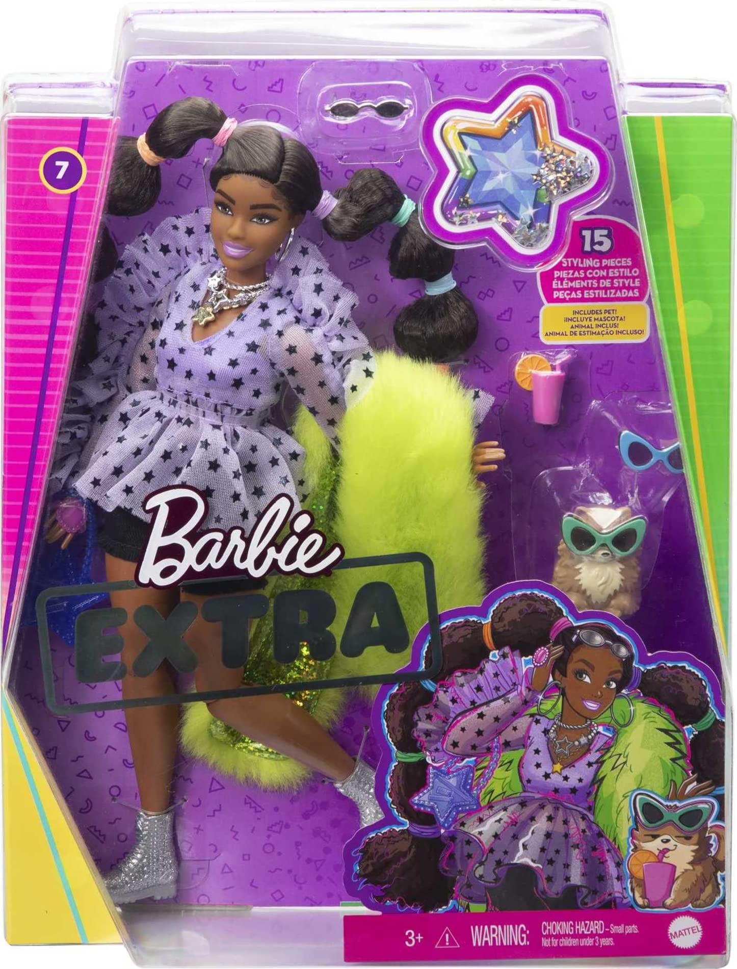 Barbie Extra Doll & Accessories with Long Pigtails & Rainbow Hair Ties in Shorts & Furry Shrug with Pet Pomeranian