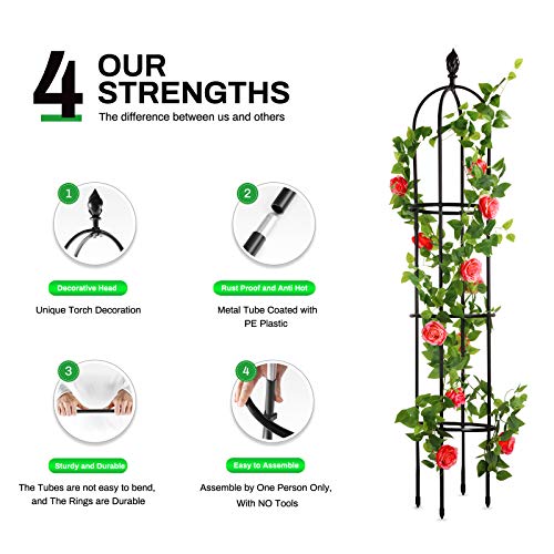 Yotoworth Garden Trellis for Climbing Plants Outdoor Indoor Pot, 6Ft Tall Metal with Plastic Coated Rustproof Plant Support Climbing Vines, Garden Obelisk Trellis, Lightweight, Black, 1pc