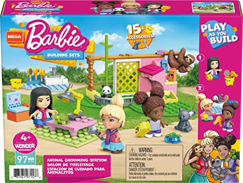 Mega Barbie Animal Grooming Station Building Set with, 97 Bricks and Pieces, Accessories and 3 Micro-Dolls, Toy Gift Set for Ages 5 and Up