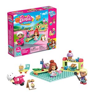 mega barbie toy building set, bakery with 1 barbie and 1 ken micro-doll, 2 barbie pet birds and accessories, easy to build set for ages 4 and up