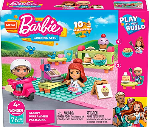 Mega Barbie Toy Building Set, Bakery with 1 Barbie and 1 Ken Micro-Doll, 2 Barbie Pet Birds and Accessories, Easy to Build Set for Ages 4 and Up