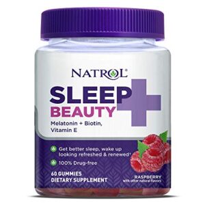 natrol sleep+ beauty, drug free sleep aid supplement, for skin, hair, nails, biotin, vitamin e, 60 raspberry flavored gummies