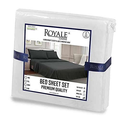 ROYALE LINENS - 4 Piece Full Bed Sheet - Soft Brushed Microfiber 1800 Bedding Set - 1 Fitted Sheet, 1 Flat Sheet, 2 Pillow Case - Wrinkle & Fade Resistant Luxury Full Size Sheet Set (Full, White)