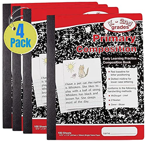 1InTheOffice Primary Composition Notebook k-2, Composition Notebook for Kids, Wide Ruled Composition Notebook, Kids Notebooks for School, 100/Sheets, Red/Marble, 7.5" x 9.75", 4/Pack