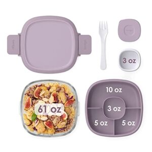 Bentgo® Glass All-in-One Salad Container - Large 61-oz Salad Bowl, 4-Compartment Bento-Style Tray for Toppings, 3-oz Sauce Container for Dressings, and Built-In Reusable Fork (Lavender)