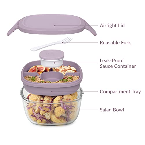 Bentgo® Glass All-in-One Salad Container - Large 61-oz Salad Bowl, 4-Compartment Bento-Style Tray for Toppings, 3-oz Sauce Container for Dressings, and Built-In Reusable Fork (Lavender)