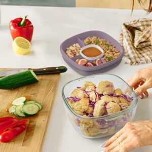 Bentgo® Glass All-in-One Salad Container - Large 61-oz Salad Bowl, 4-Compartment Bento-Style Tray for Toppings, 3-oz Sauce Container for Dressings, and Built-In Reusable Fork (Lavender)