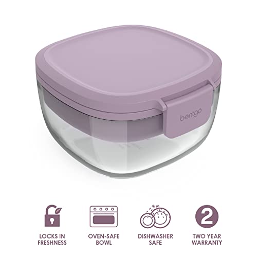Bentgo® Glass All-in-One Salad Container - Large 61-oz Salad Bowl, 4-Compartment Bento-Style Tray for Toppings, 3-oz Sauce Container for Dressings, and Built-In Reusable Fork (Lavender)