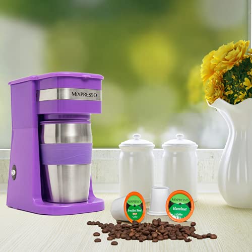 Mixpresso Ultimate 2-In-1 Single Cup Coffee Maker & 14oz Travel Mug, Portable & Lightweight Personal Drip Coffee Brewer & Tumbler Advanced Auto Shut Off Function & Reusable Filter (Lavender)