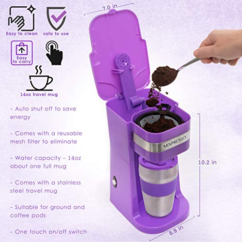 Mixpresso Ultimate 2-In-1 Single Cup Coffee Maker & 14oz Travel Mug, Portable & Lightweight Personal Drip Coffee Brewer & Tumbler Advanced Auto Shut Off Function & Reusable Filter (Lavender)